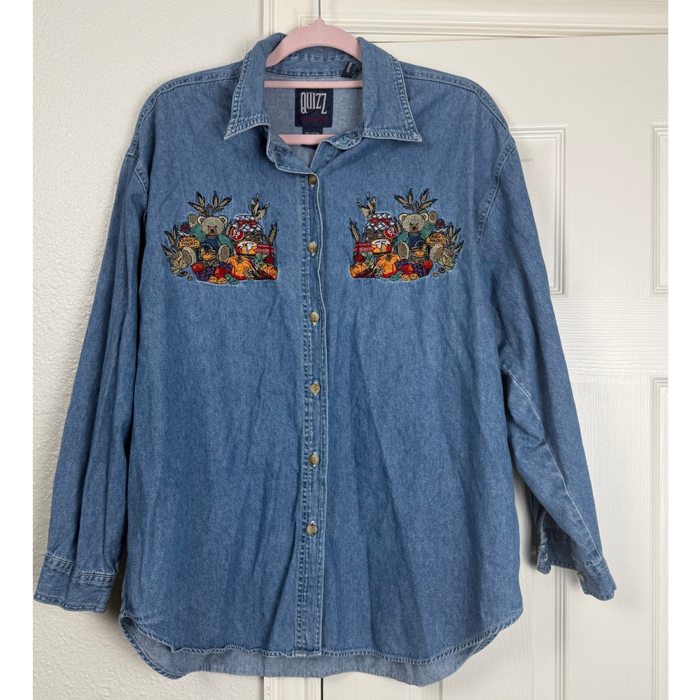 Vintage 90s Quizz NY Denim Shirt Women 20 Embroidered Teddy Bear Harvest